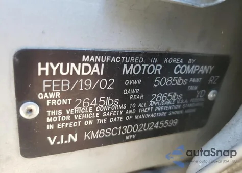 2002 Hyundai Santa Fe Gls z USA, uszkodzony, nr VIN KM8SC13D02U245599